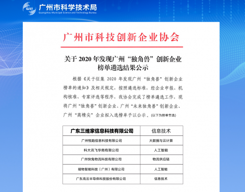 三维家荣获2020年广州“未来独角兽”称号