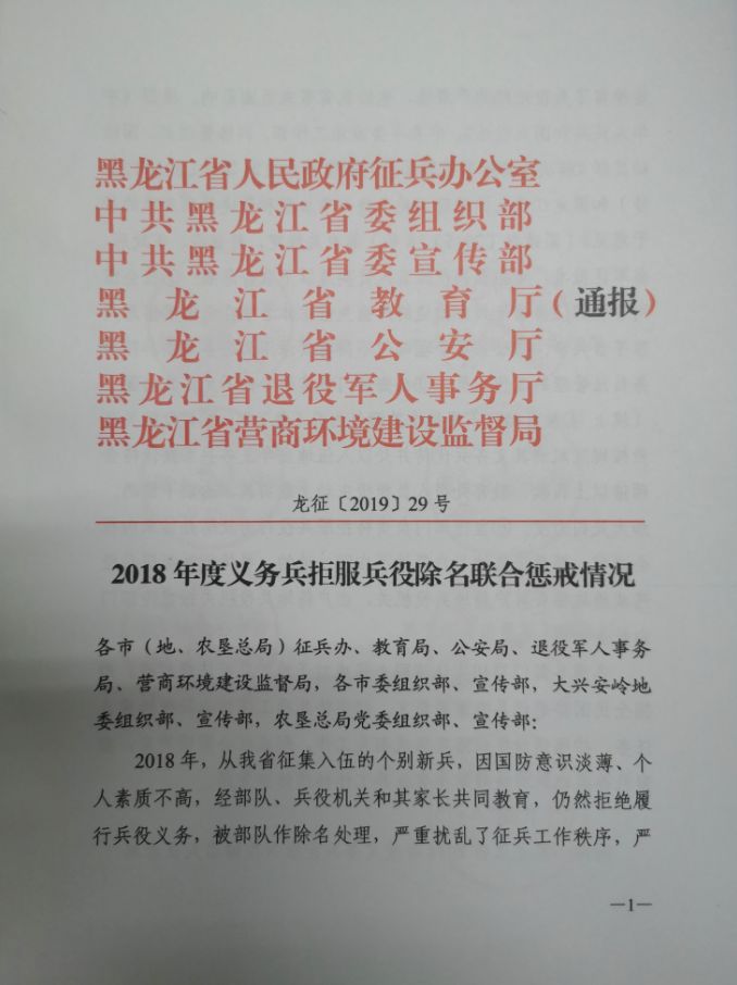 黑龙江对2018年度拒服兵役的26人实施联合惩戒-无懈可击-企一网