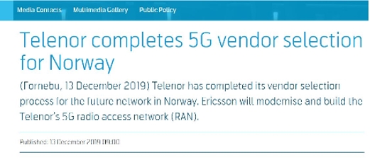 挪威电信转投爱立信5G 4G时代与华为合作10年