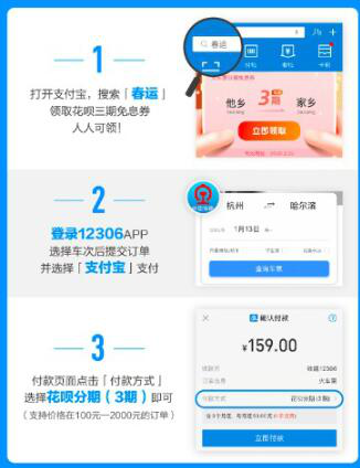 花呗宣布为春运补贴10亿 春运火车票也可以分期免息了