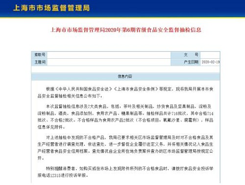 华润万家食品抽检不合格 遭上海市场监管局通报
