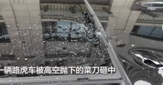 女子高楼扔菜刀砸中路虎