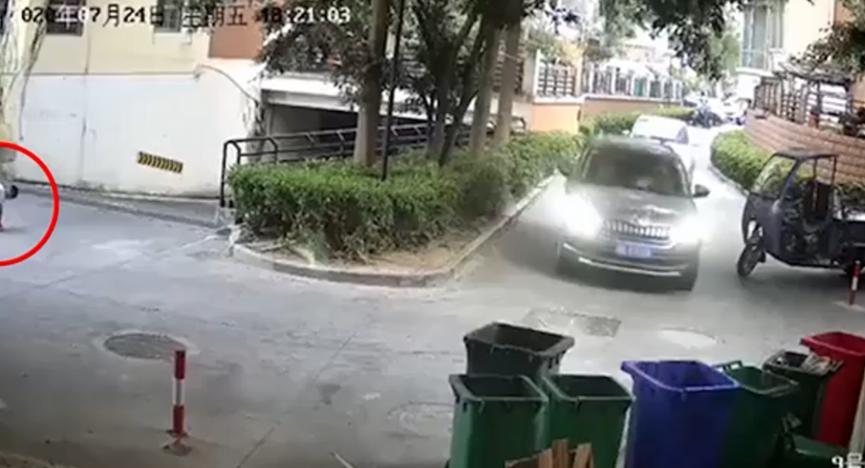 小男孩在车库门口系鞋带，后来遭到轿车碾压，警方已经立案调查