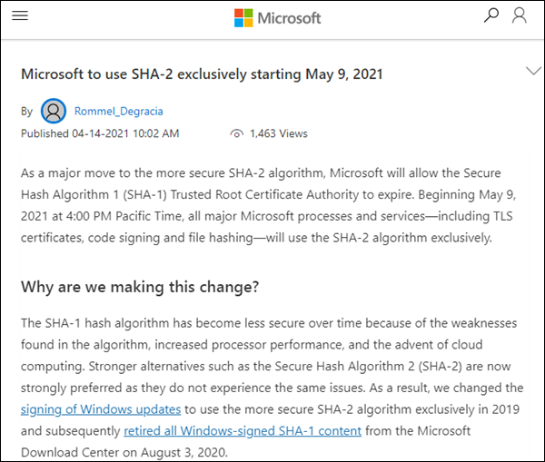 微软5月9日将全面转向仅使用SHA-2算法
