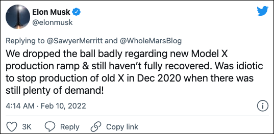 特斯拉马斯克发推就停产旧款Model X行为表示忏悔