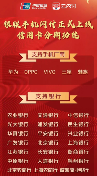中国银联宣布银联手机闪付上线信用卡分期功能