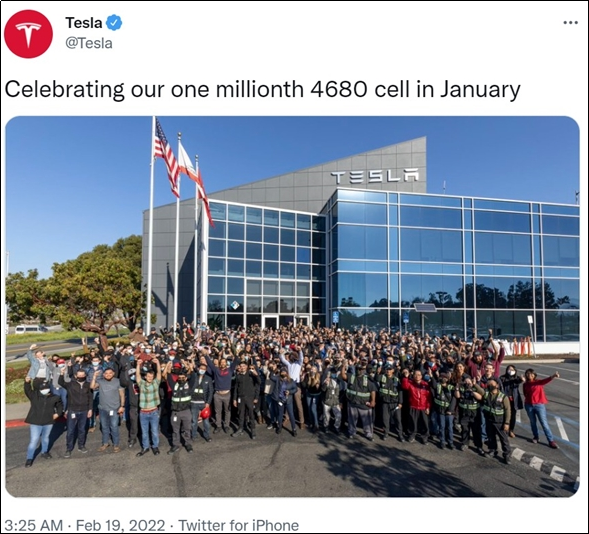 特斯拉1月份成功生产出第100万块4680电池