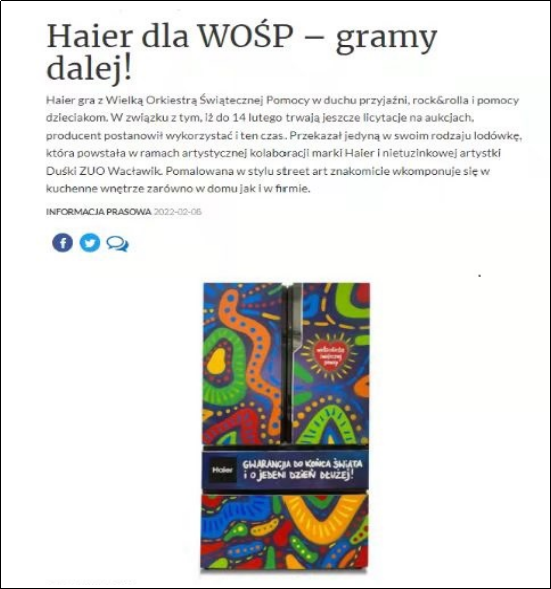 助力儿童健康和教育发展，海尔向WOŚP捐赠手工彩绘冰箱